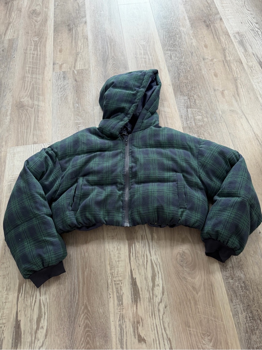 Plaid Hooded Puffer Jacket - Green/Black